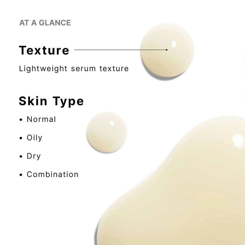 Lightweight serum texture description with skin type compatibility on a white background